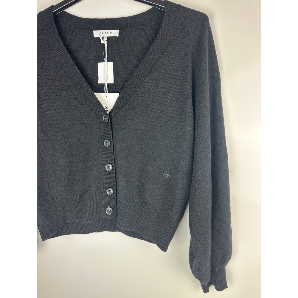 FRAME 100% Cashmere Linked Cardigan Sweater Long Sleeve Button Black Size Large - Picture 15 of 16